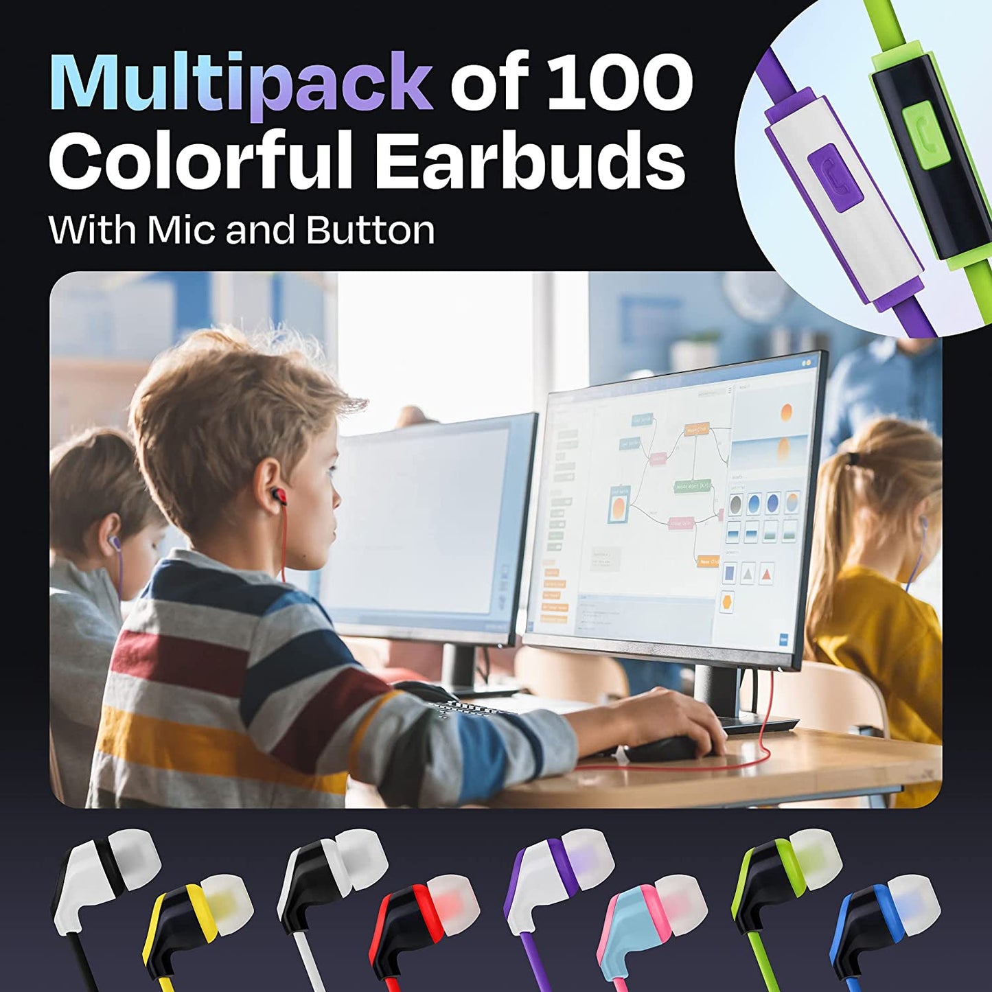 Multipack of 100 Colorful Wired Quality Earbuds (United States)