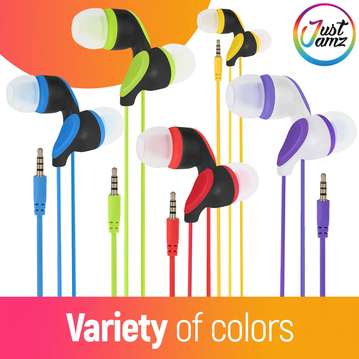 JustJamz® Kidz | 50 Pack | Earbuds with Microphone | Disposable Earphones | Call with Mic | Stereo Headphones | Bulk Earbuds for Schools, Kids, Classrooms & Libraries | Mixed Colors