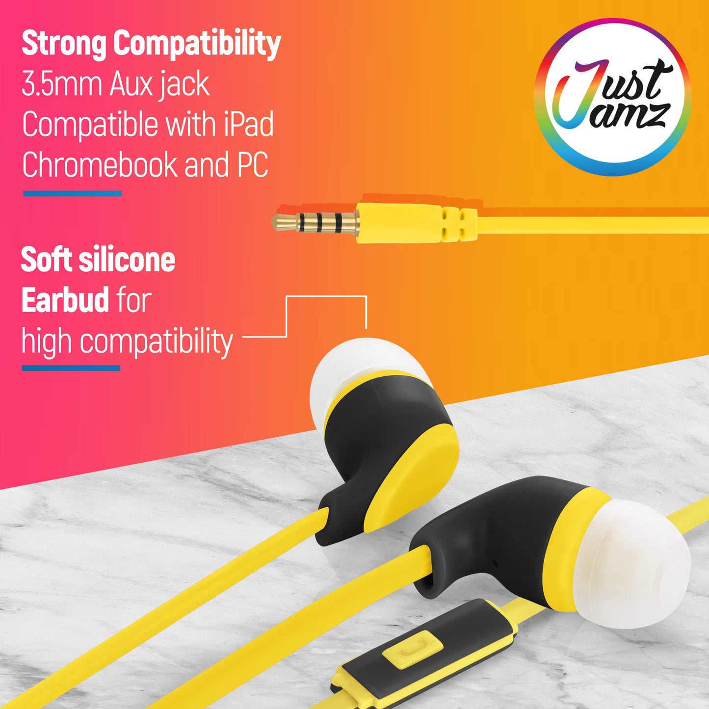JustJamz® Kidz | 50 Pack | Earbuds with Microphone | Disposable Earphones | Call with Mic | Stereo Headphones | Bulk Earbuds for Schools, Kids, Classrooms & Libraries | Mixed Colors