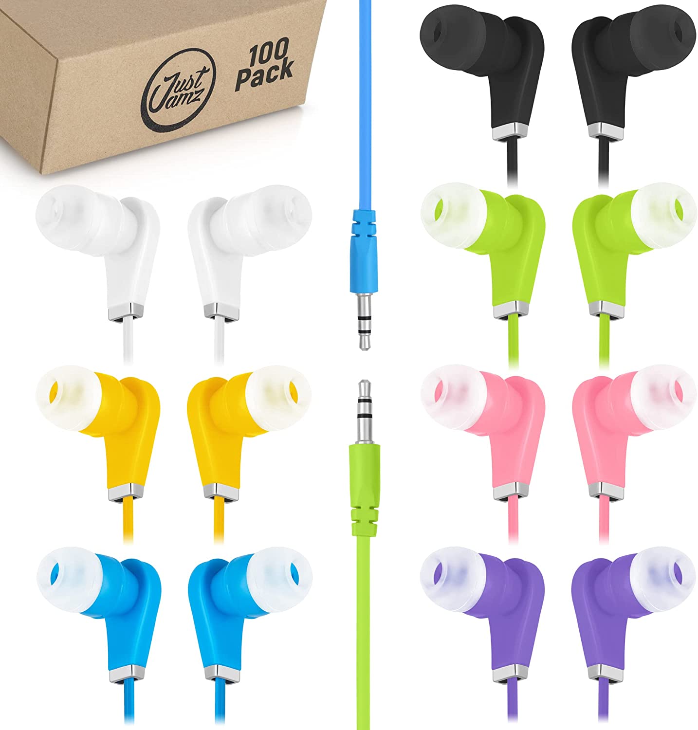 100 Pack of in-Ear EarBuds, Wired and great for Kids, Mixed Colors (United States)