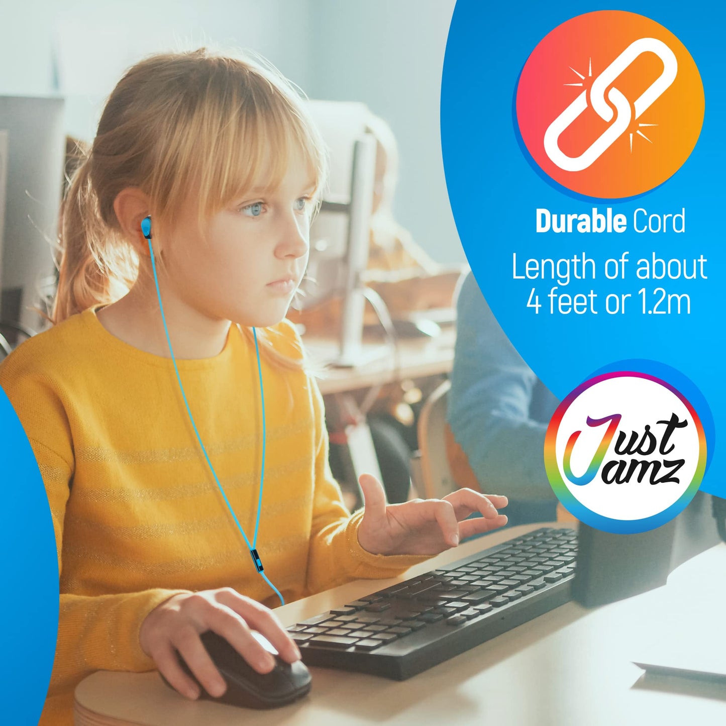 JustJamz® Kidz | 50 Pack | Earbuds with Microphone | Disposable Earphones | Call with Mic | Stereo Headphones | Bulk Earbuds for Schools, Kids, Classrooms & Libraries | Mixed Colors