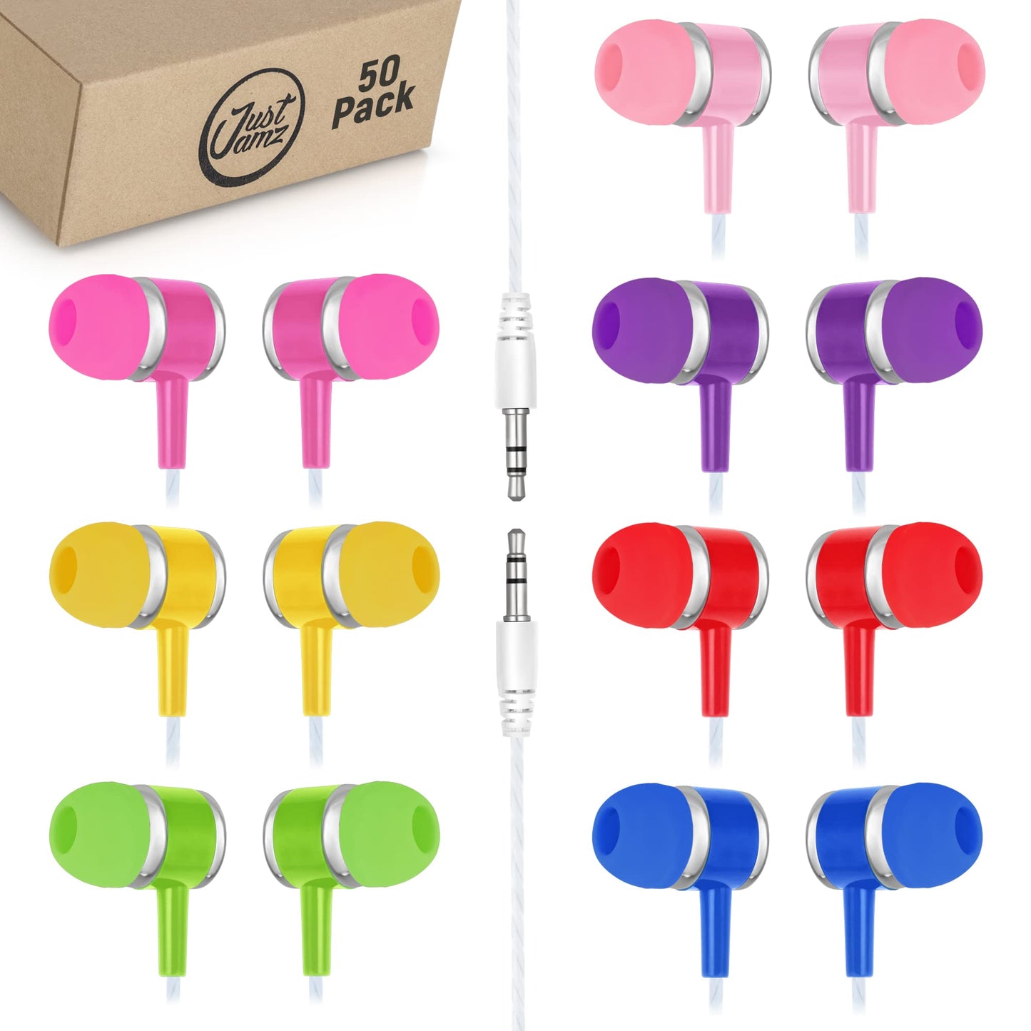 50 Pack of JustJamz Marbles, Colorful Earbuds, 3.5mm Jack, Assorted Colors