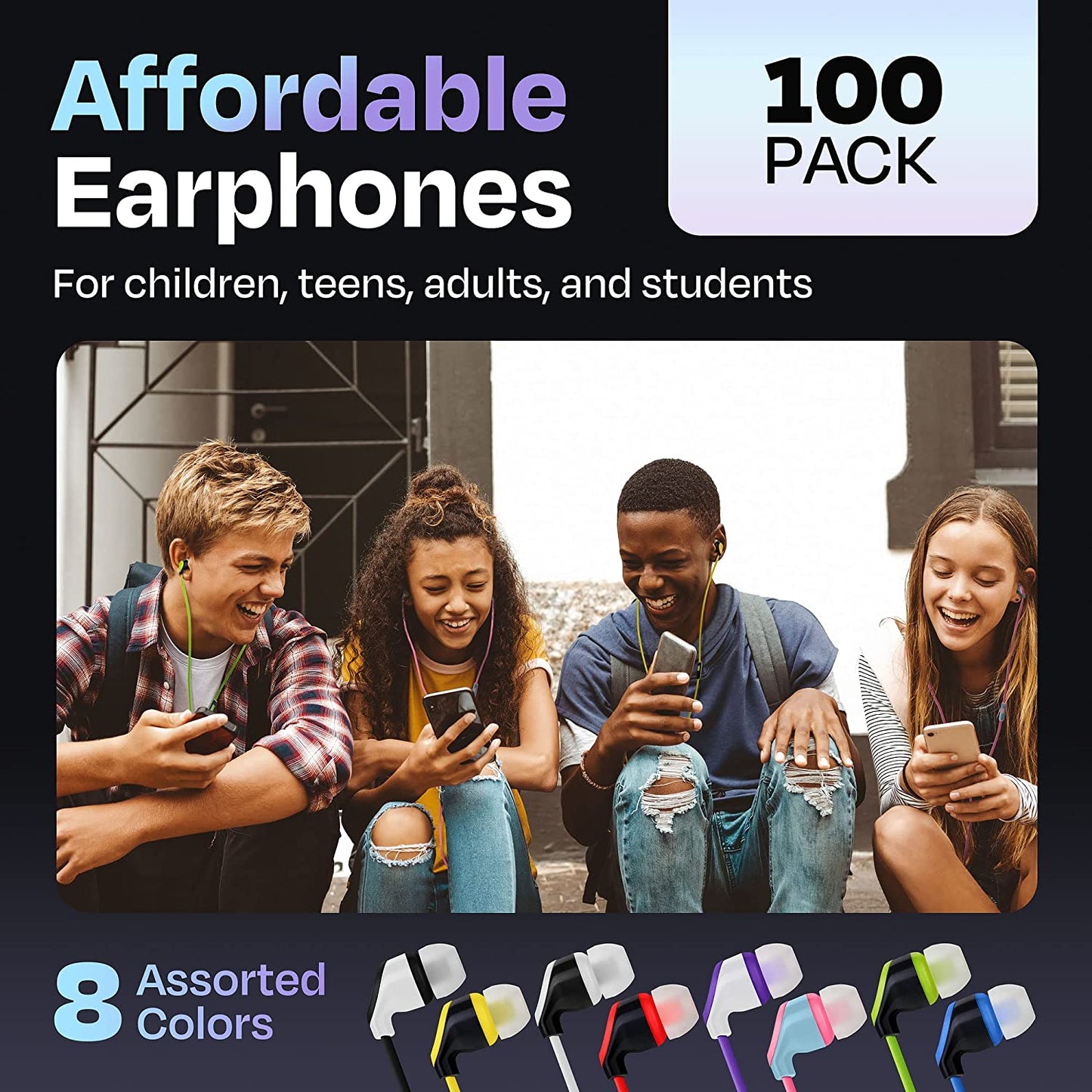 Multipack of 100 Colorful Wired Quality Earbuds (Europe)