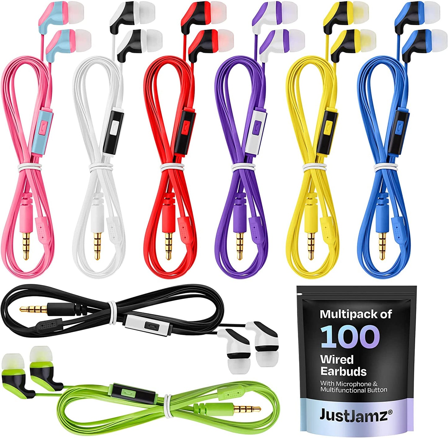 Multipack of 100 Colorful Wired Quality Earbuds (United States)