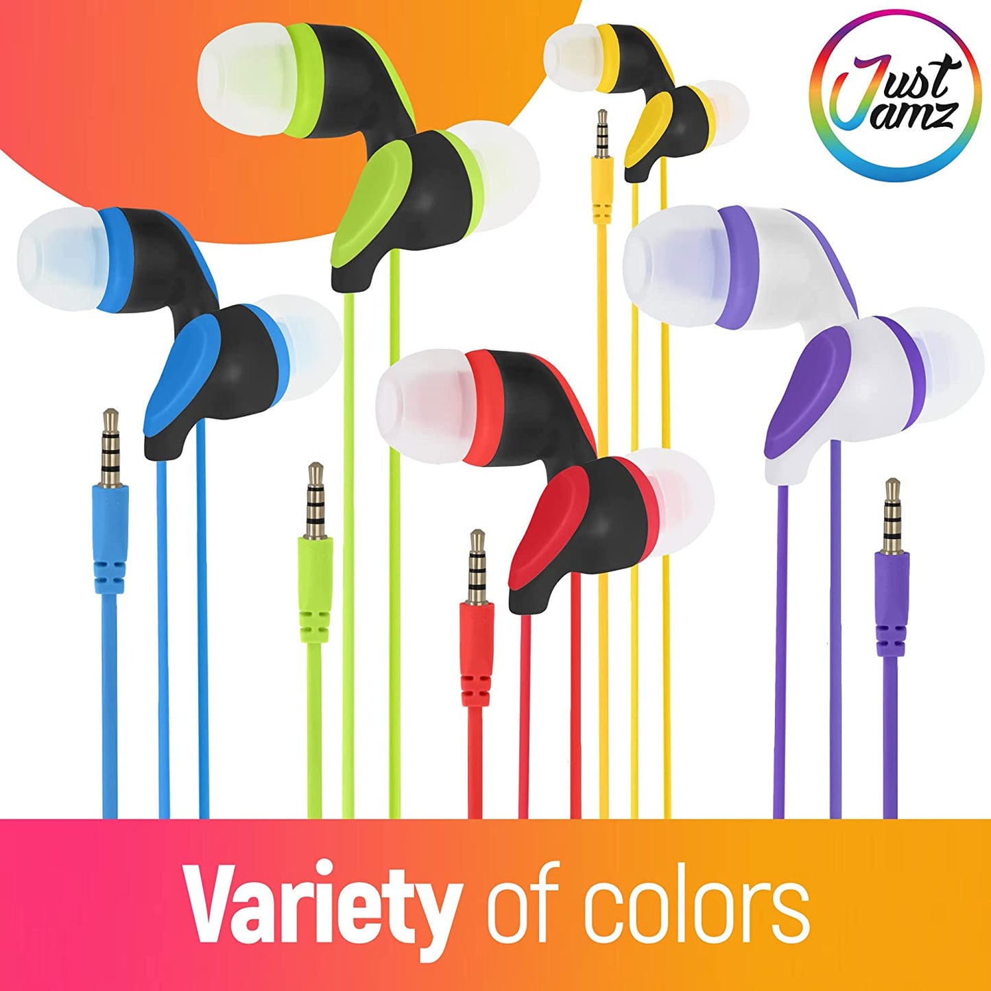 JustJamz® Kidz | 100 Pack | Earbuds with Microphone | Disposable Earphones | Call with Mic | Stereo Headphones | Bulk Earbuds for Schools, Kids, Classrooms & Libraries | Mixed Colors