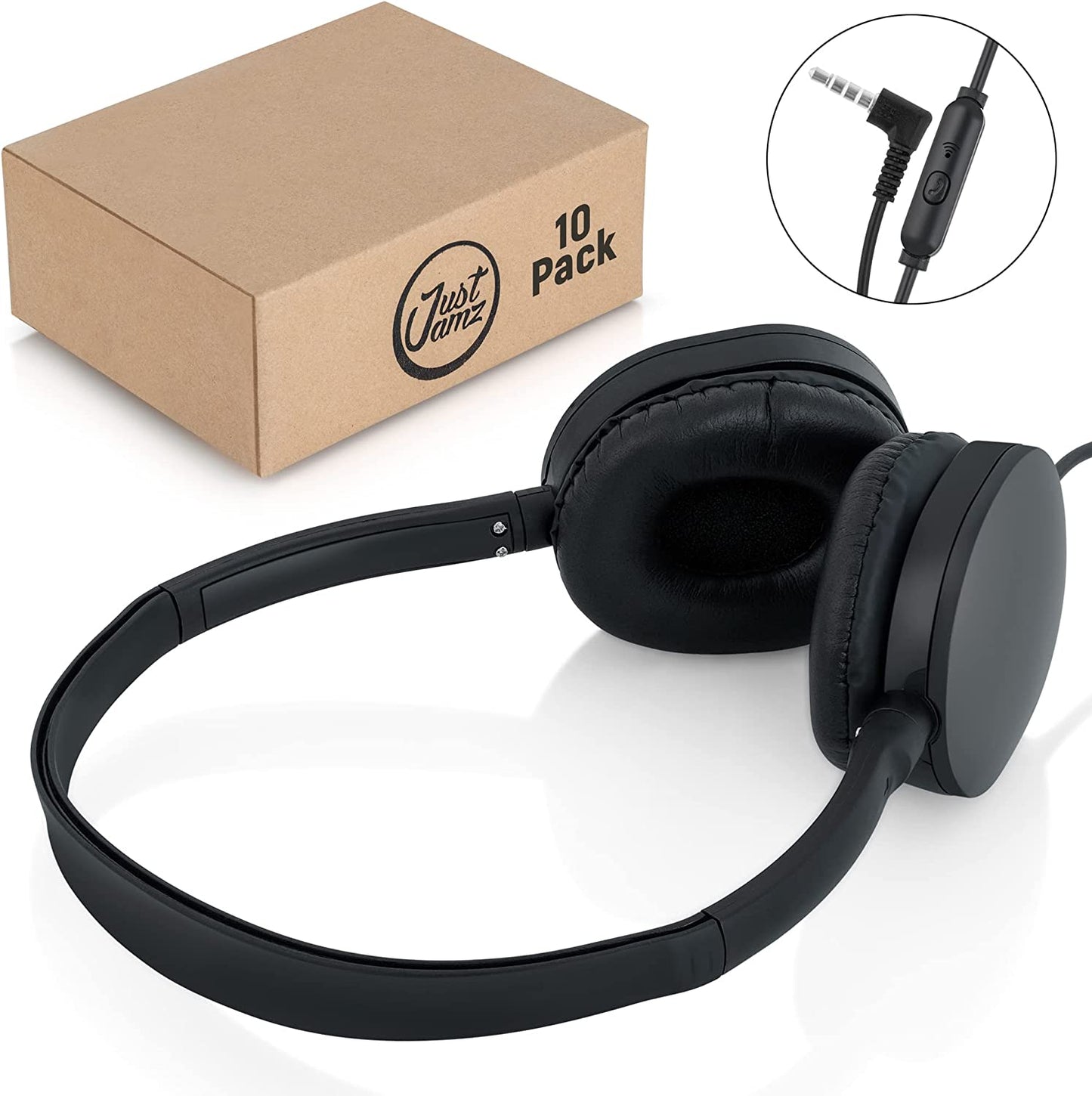 JustJamz® Headphones | 10 Pack | Wholesale Bulk Headphones | Headphones with Microphone | Bulk Over-Ear Headphones with Mic | Foldable with Soft Leather Cushion | HQ Stereo Sound 3.5mm Jack (Black)