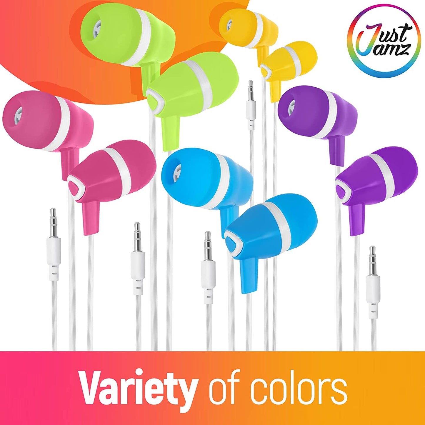 50 Pack of JustJamz Bubbles, Colorful in-Ear Earbuds, Assorted Colors