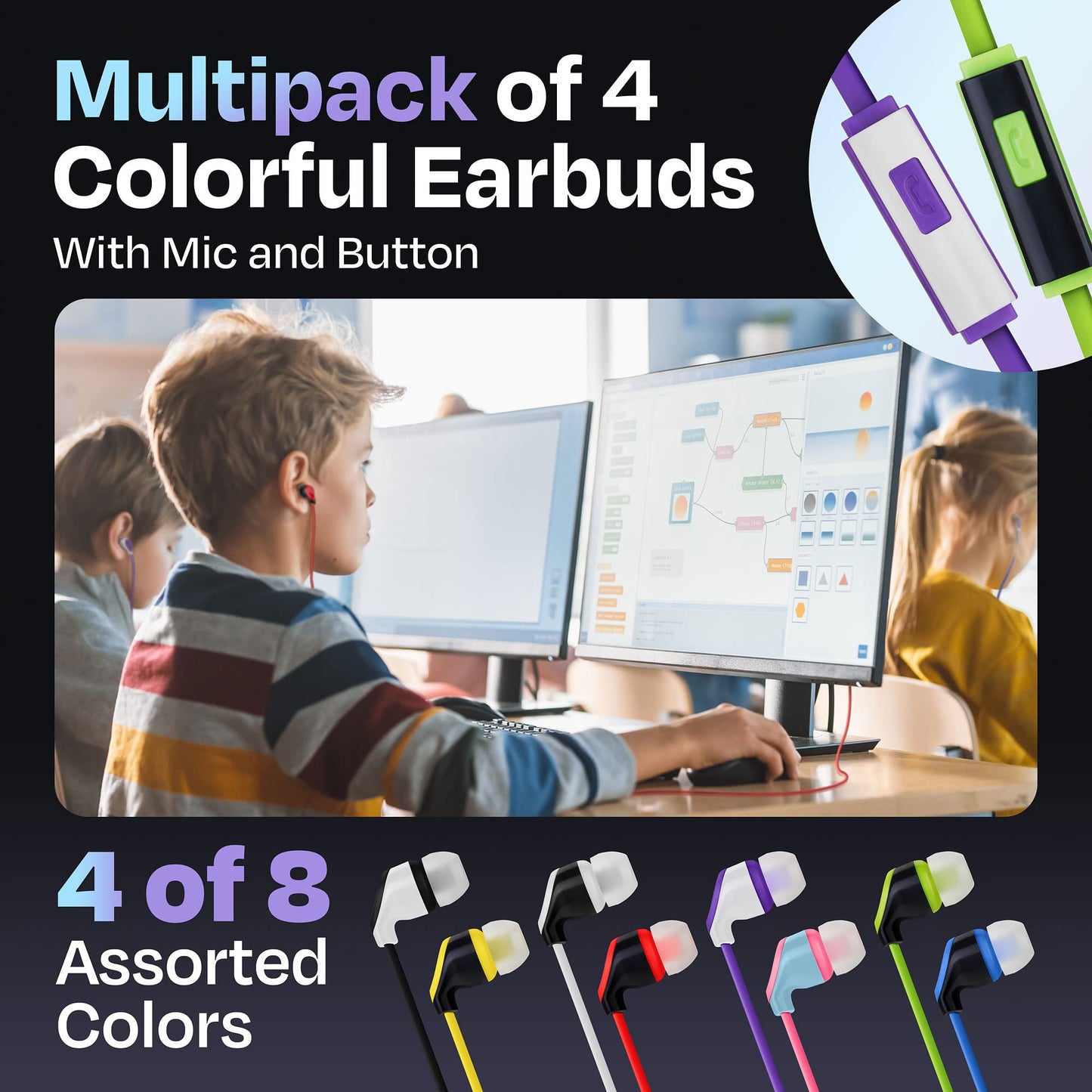 Multipack of 4 Colorful Wired Earbuds