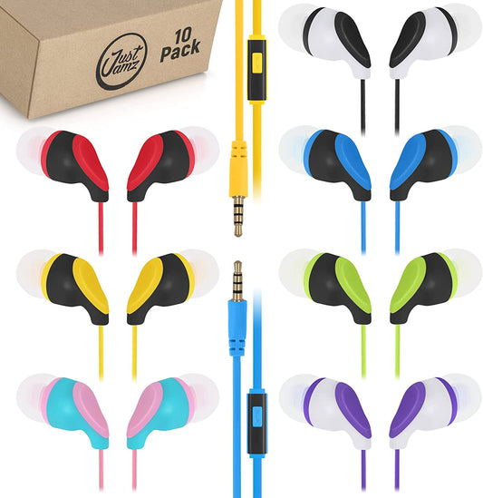 JustJamz® Kidz | 10 Pack | Earbuds with Microphone | Disposable Earphones | Call with Mic | Stereo Headphones | Bulk Earbuds for Schools, Kids, Classrooms & Libraries | Mixed Colors
