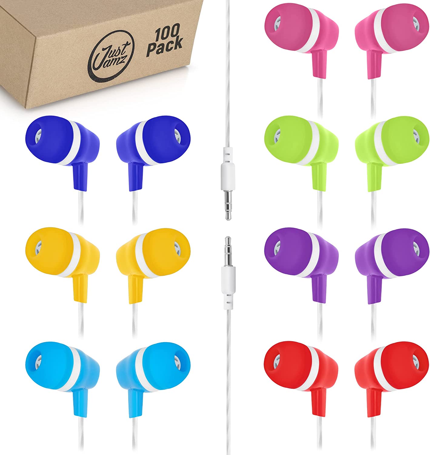 100 Pack of JustJamz Bubbles, Colorful in-Ear Earbuds, Assorted Colors (Europe)