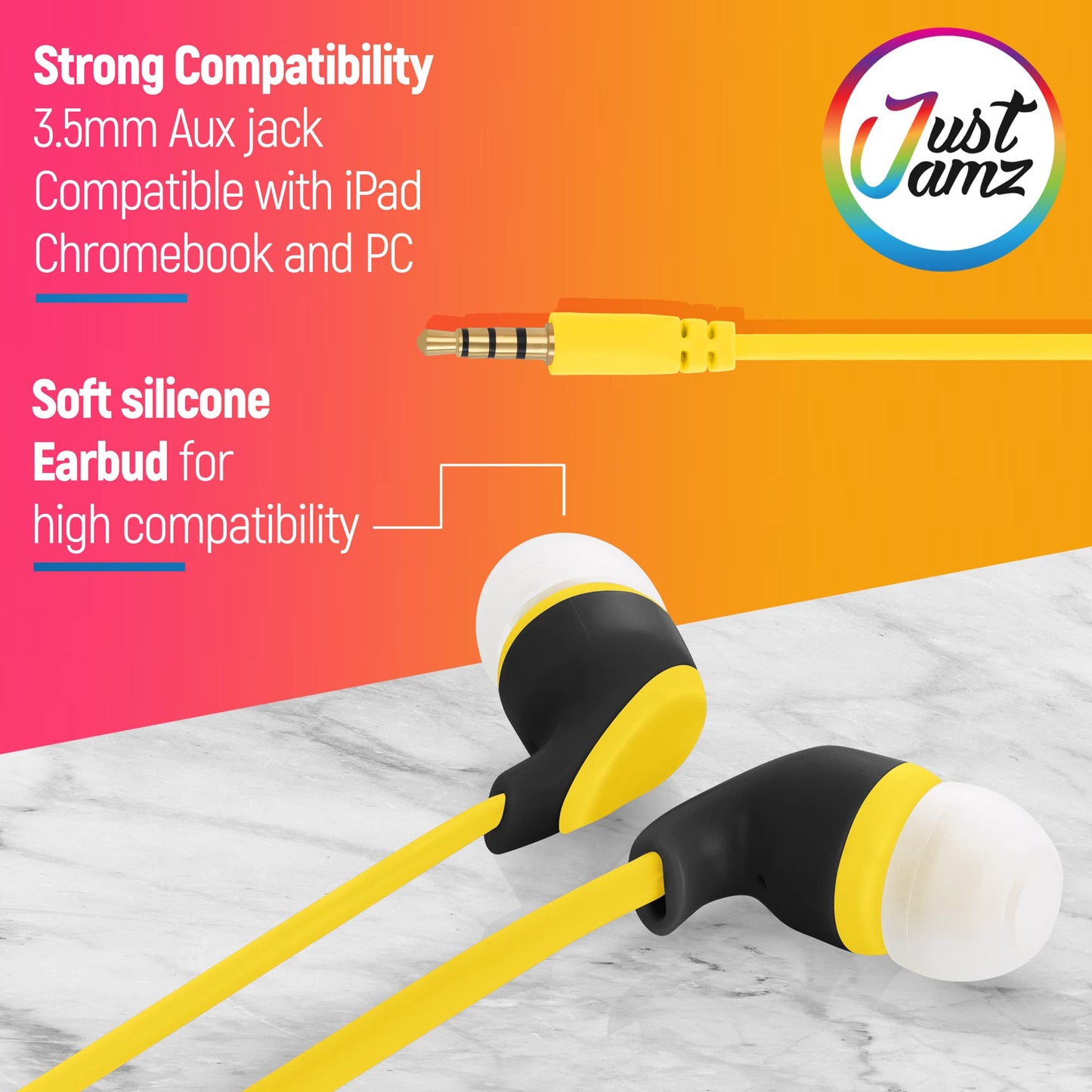 JustJamz® Kidz | 50 Pack | Earbuds with Microphone | Disposable Earphones | Call with Mic | Stereo Headphones | Bulk Earbuds for Schools, Kids, Classrooms & Libraries | Mixed Colors