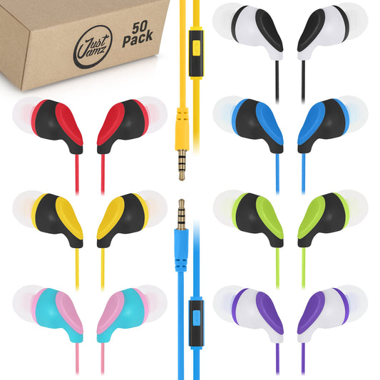 JustJamz® Kidz | 50 Pack | Earbuds with Microphone | Disposable Earphones | Call with Mic | Stereo Headphones | Bulk Earbuds for Schools, Kids, Classrooms & Libraries | Mixed Colors