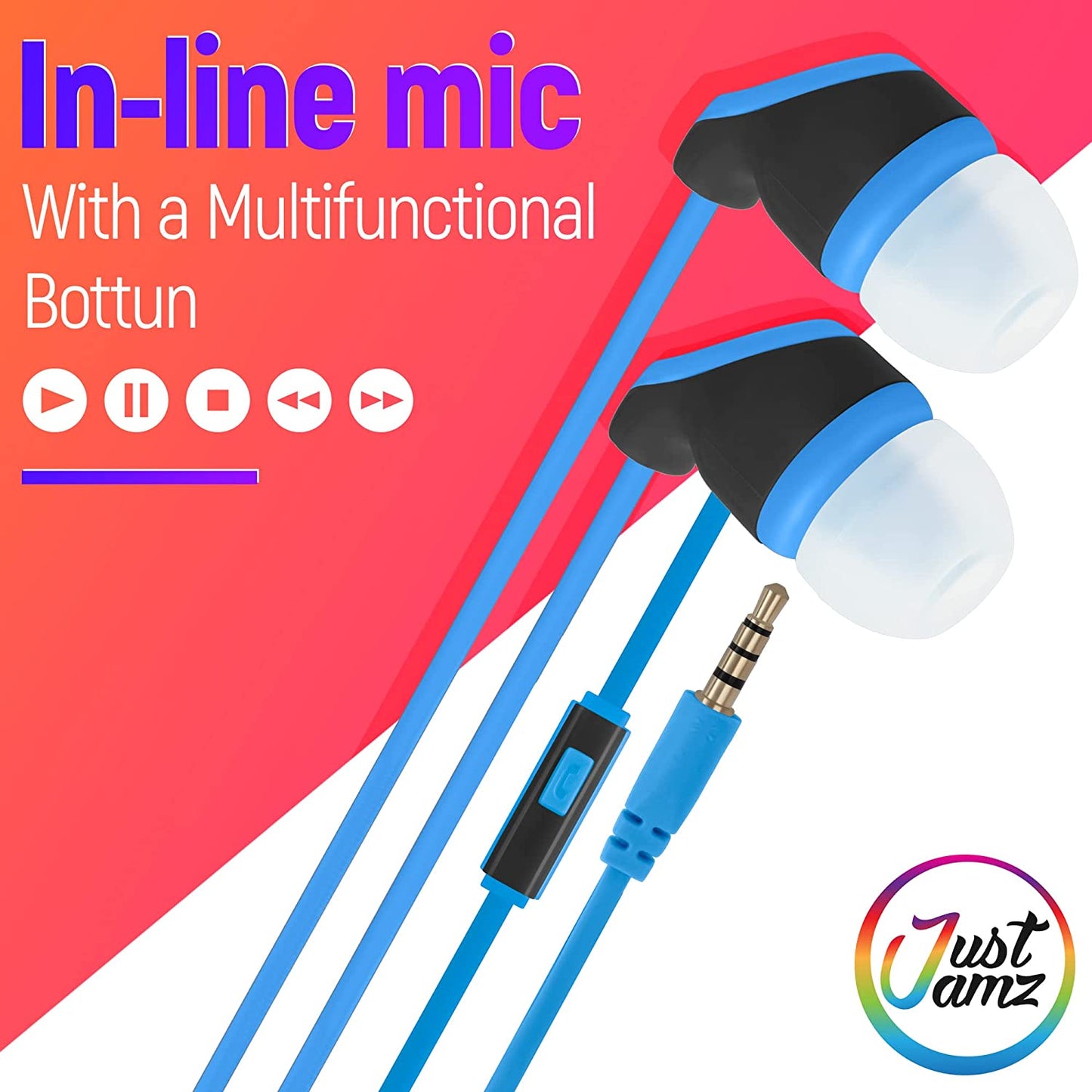 JustJamz® Kidz | 10 Pack | Earbuds with Microphone | Disposable Earphones | Call with Mic | Stereo Headphones | Bulk Earbuds for Schools, Kids, Classrooms & Libraries | Mixed Colors