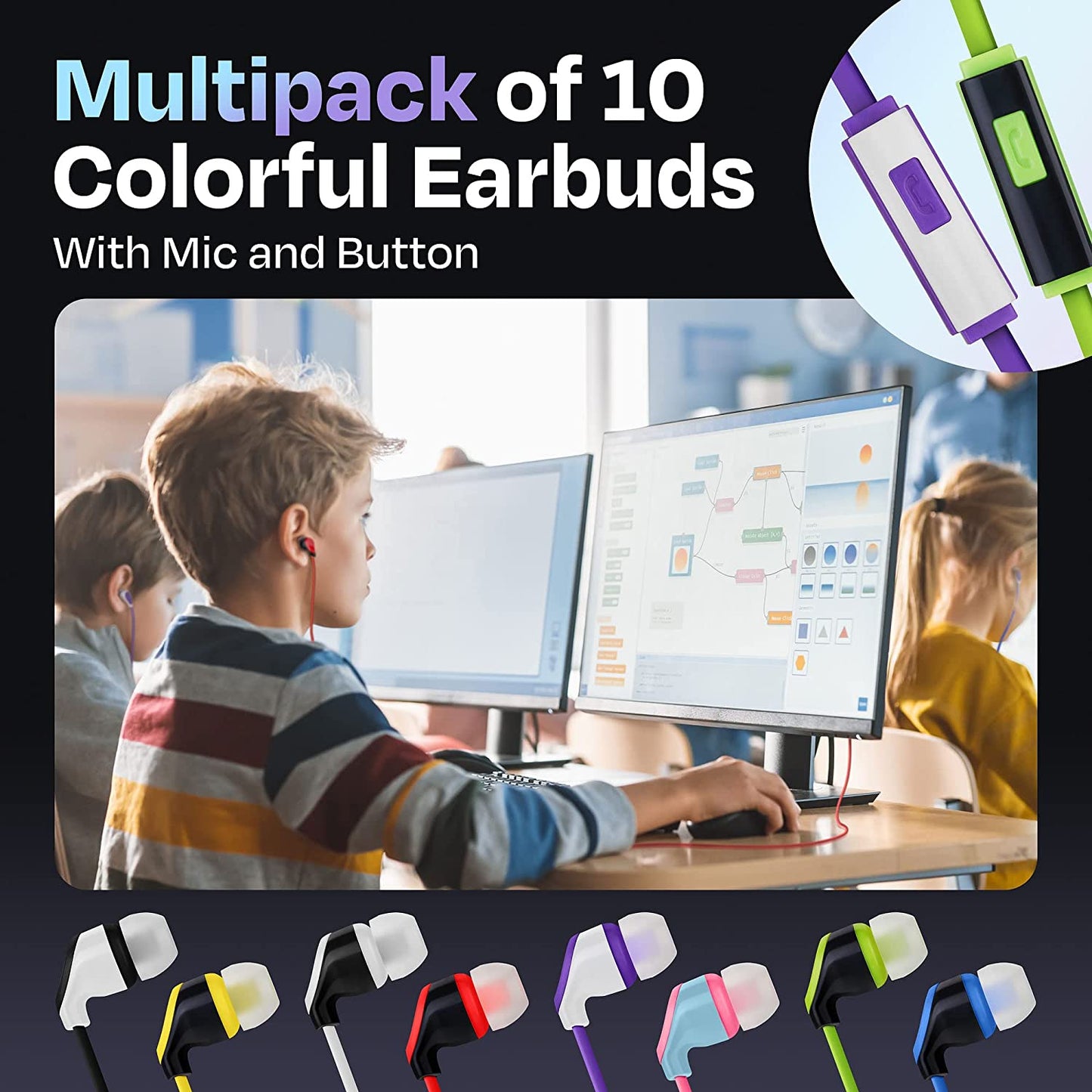 Multipack of 10 Colorful Wired Earbuds