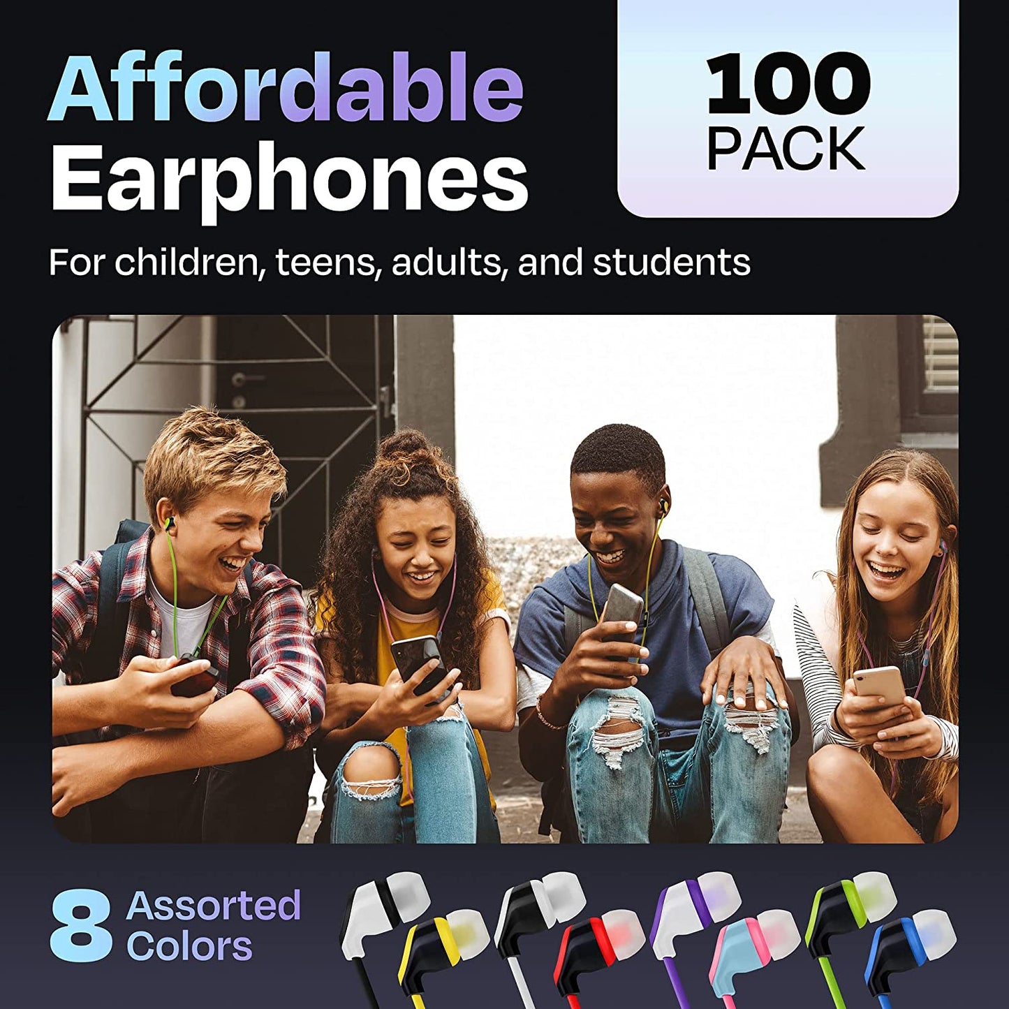 Multipack of 100 Colorful Wired Quality Earbuds (United States)